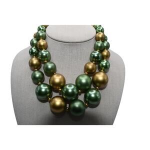 Vintage 1950s Green Gold Glass Bead Necklace Double Strand 18 Inch